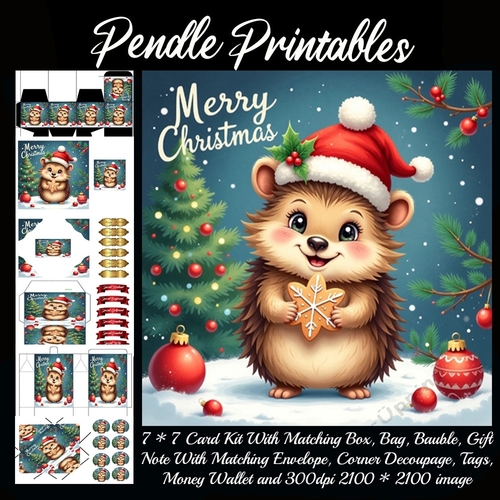 Cute Merry Christmas Hedgehog (3).  9 Piece 7x7 Complete Kit