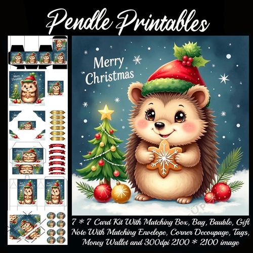 Cute Merry Christmas Hedgehog (4).  9 Piece 7x7 Complete Kit