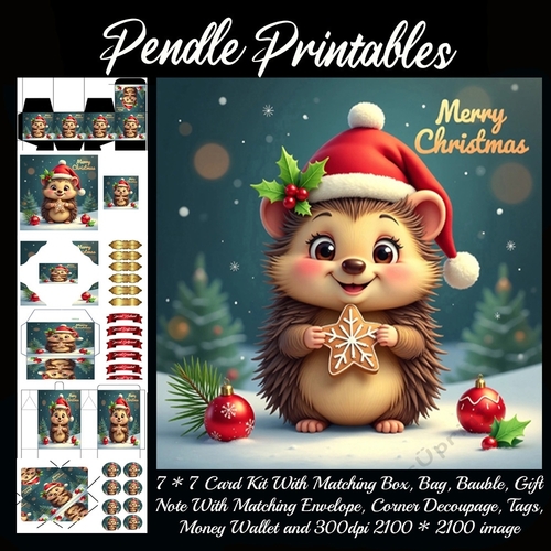 Cute Merry Christmas Hedgehog (6).  9 Piece 7x7 Complete Kit