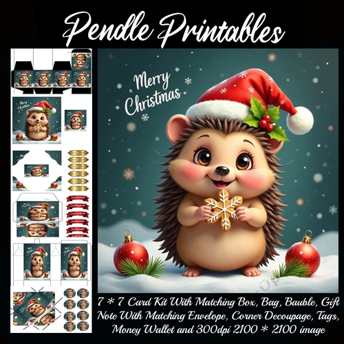 Cute Merry Christmas Hedgehog (7).  9 Piece 7x7 Complete Kit