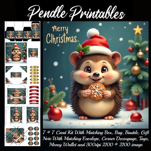 Cute Merry Christmas Hedgehog (8).  9 Piece 7x7 Complete Kit