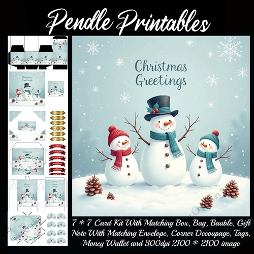 Vintage Style Christmas Greetings Snowman.  9 Piece 7x7 Complete Kit
