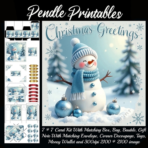 Vintage Style Christmas Greetings Snowman (2).  9 Piece 7x7 Complete Kit