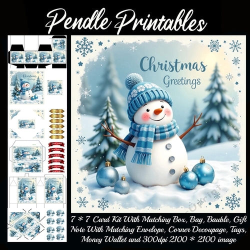 Vintage Style Christmas Greetings Snowman (3).  9 Piece 7x7 Complete Kit