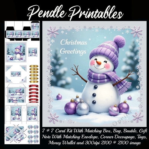 Vintage Style Christmas Greetings Snowman (5).  9 Piece 7x7 Complete Kit