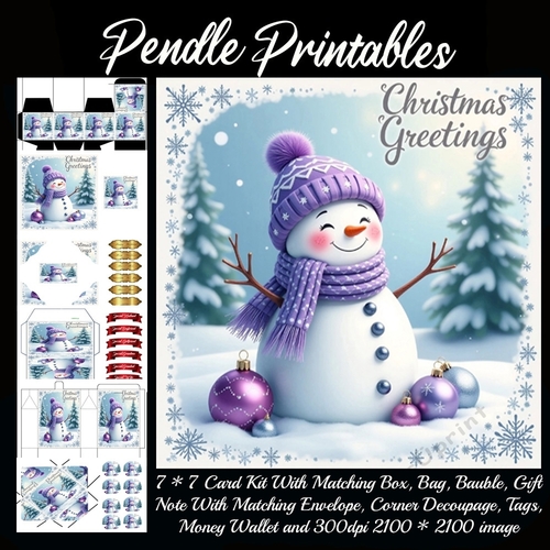 Vintage Style Christmas Greetings Snowman (6).  9 Piece 7x7 Complete Kit
