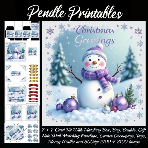 Vintage Style Christmas Greetings Snowman (7).  9 Piece 7x7 Complete Kit