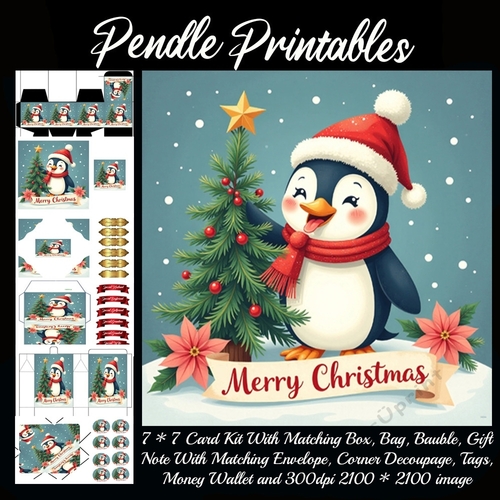 Cute Vintage Style Merry Christmas Penguin.  9 Piece 7x7 Complete Kit
