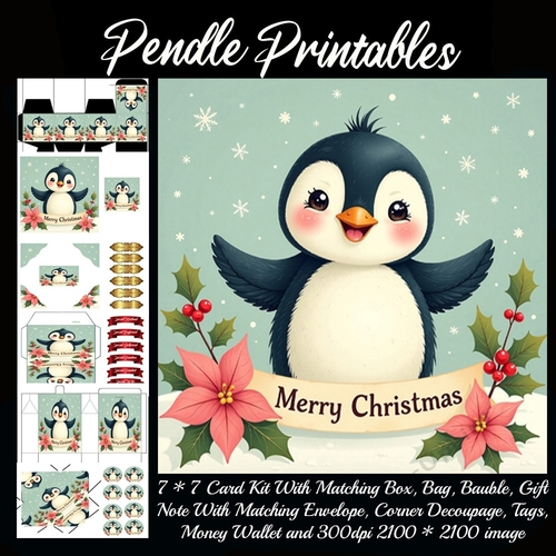 Cute Vintage Style Merry Christmas Penguin (2).  9 Piece 7x7 Complete Kit