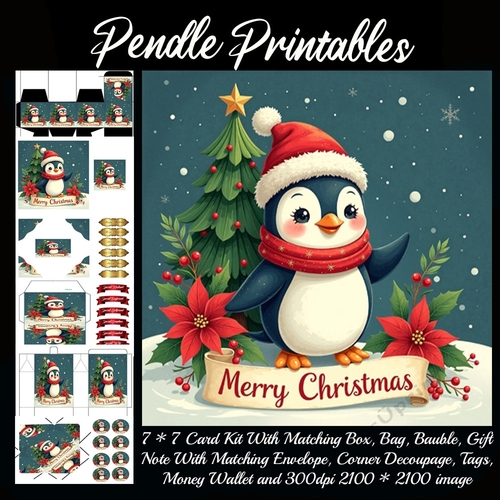 Cute Vintage Style Merry Christmas Penguin (3).  9 Piece 7x7 Complete Kit