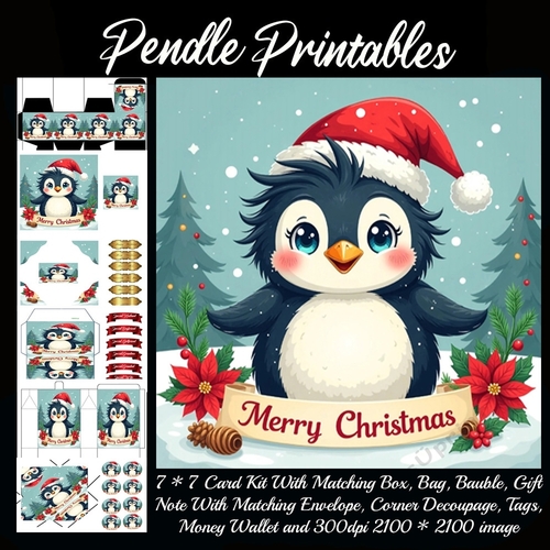 Cute Vintage Style Merry Christmas Penguin (4).  9 Piece 7x7 Complete Kit