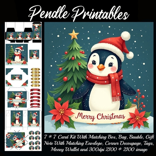 Cute Vintage Style Merry Christmas Penguin (5).  9 Piece 7x7 Complete Kit