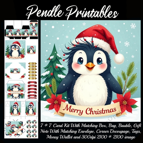 Cute Vintage Style Merry Christmas Penguin (6).  9 Piece 7x7 Complete Kit