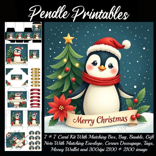 Cute Vintage Style Merry Christmas Penguin (7).  9 Piece 7x7 Complete Kit