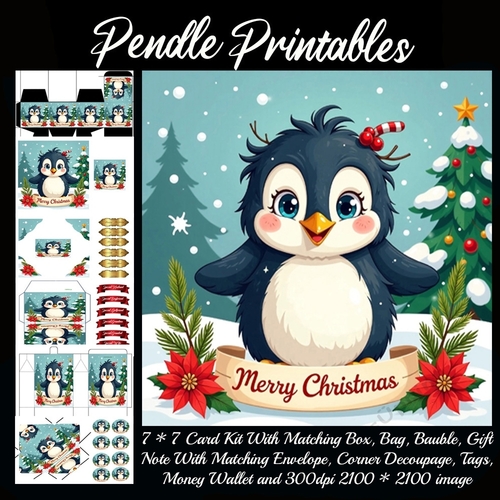 Cute Vintage Style Merry Christmas Penguin (8).  9 Piece 7x7 Complete Kit