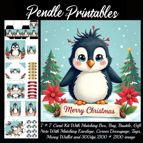Cute Vintage Style Merry Christmas Penguin (9).  9 Piece 7x7 Complete Kit
