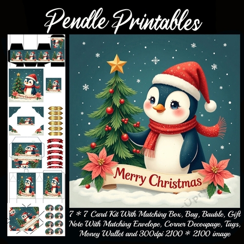 Cute Vintage Style Merry Christmas Penguin (10).  9 Piece 7x7 Complete Kit