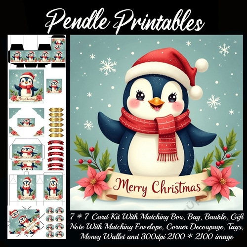 Cute Vintage Style Merry Christmas Penguin (11).  9 Piece 7x7 Complete Kit