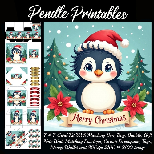 Cute Vintage Style Merry Christmas Penguin (12).  9 Piece 7x7 Complete Kit