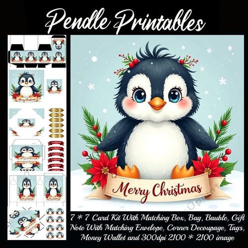 Cute Vintage Style Merry Christmas Penguin (12a).  9 Piece 7x7 Complete Kit