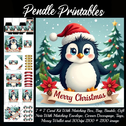 Cute Vintage Style Merry Christmas Penguin (14).  9 Piece 7x7 Complete Kit