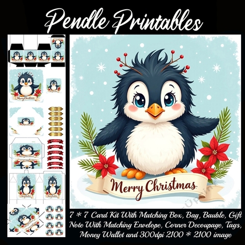 Cute Vintage Style Merry Christmas Penguin (14).  9 Piece 7x7 Complete Kit