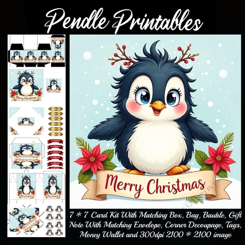 Cute Vintage Style Merry Christmas Penguin (15).  9 Piece 7x7 Complete Kit