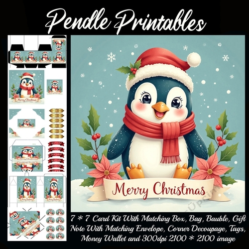 Cute Vintage Style Merry Christmas Penguin (16).  9 Piece 7x7 Complete Kit