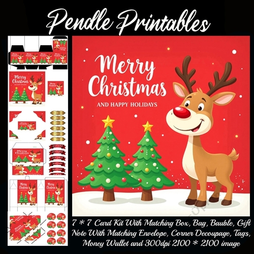 Merry Christmas And Happy Holidays Cute Rudolph.  9 Piece 7x7 Complete Kit