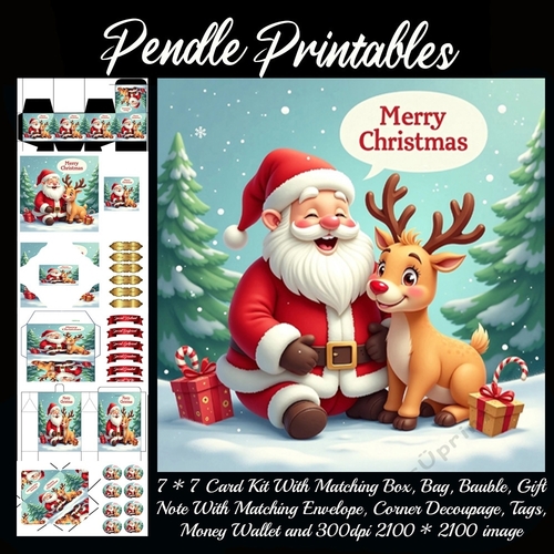 Merry Christmas Cute Santa & Rudolph.  9 Piece 7x7 Complete Kit
