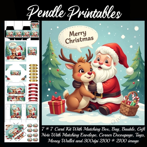 Merry Christmas Cute Santa & Rudolph (2).  9 Piece 7x7 Complete Kit