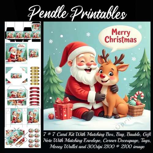 Merry Christmas Cute Santa & Rudolph (4).  9 Piece 7x7 Complete Kit