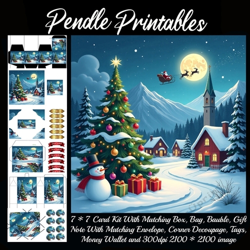 Santa Flying Above A Christmas Village.  9 Piece 7x7 Complete Kit
