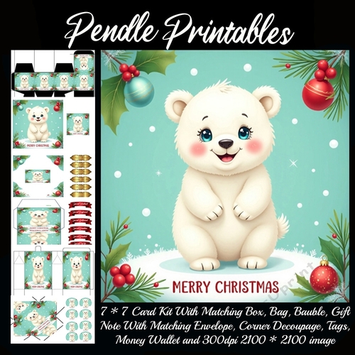 Merry Christmas Vintage Style Cute Polar Bear.  9 Piece 7x7 Complete Kit