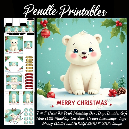 Merry Christmas Vintage Style Cute Polar Bear.  9 Piece 7x7 Complete Kit