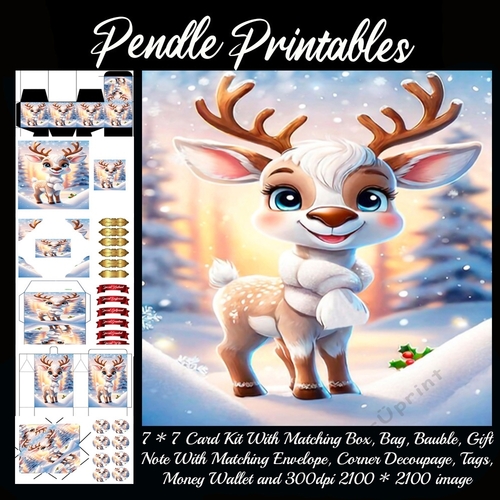 Cute Christmas Deer.  9 Piece 7x7 Complete Kit