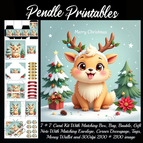 Merry Christmas Cute Deer (1).  9 Piece 7x7 Complete Kit
