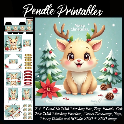 Merry Christmas Cute Deer (3).  9 Piece 7x7 Complete Kit