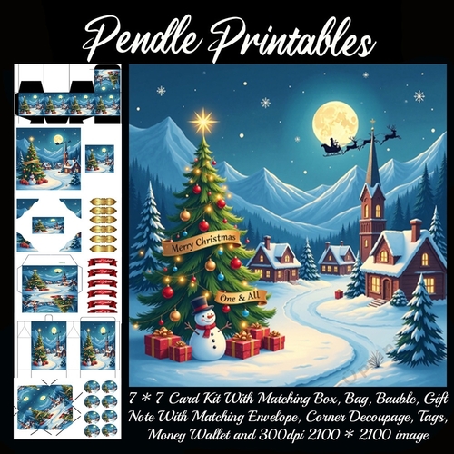 Merry Christmas One & All Santa Flying over Village Scene  9 Piece 7x7 Complete Kit