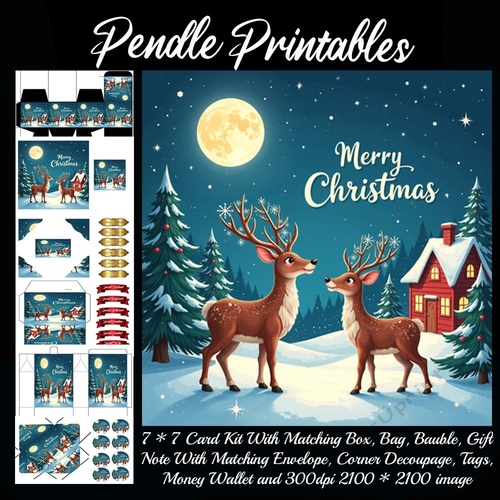 Vintage Style Merry Christmas Night Stag Scene (2). 9 Piece 7x7 Complete Kit