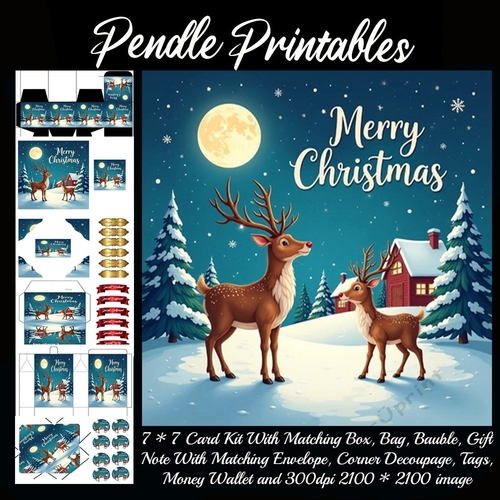 Vintage Style Merry Christmas Night Stag Scene (3). 9 Piece 7x7 Complete Kit