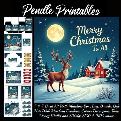 Vintage Style Merry Christmas To All Night Stag Scene. 9 Piece 7x7 Complete Kit