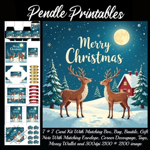 Vintage Style Merry Christmas Night Stag Scene (4). 9 Piece 7x7 Complete Kit