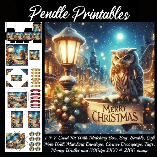 Merry Christmas Olde Time Scene Owl.  9 Piece 7x7 Complete Kit