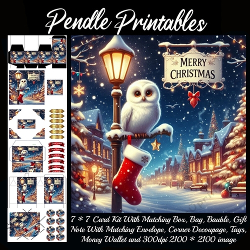 Merry Christmas Olde Time Scene Snowy Owl.  9 Piece 7x7 Complete Kit