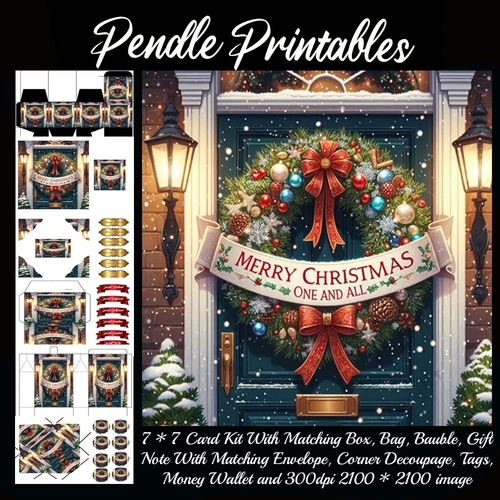 Merry Christmas One And All. Door Wreath (2).  9 Piece 7x7 Complete Kit