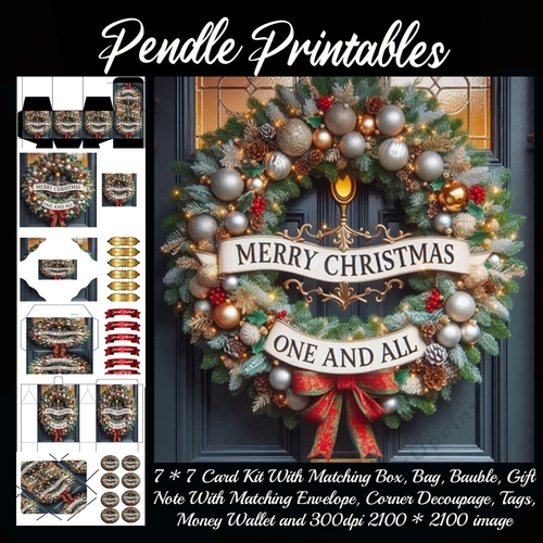 Merry Christmas One And All. Door Wreath (3).  9 Piece 7x7 Complete Kit