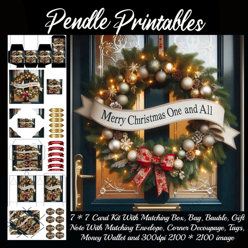 Merry Christmas One And All. Door Wreath (4).  9 Piece 7x7 Complete Kit
