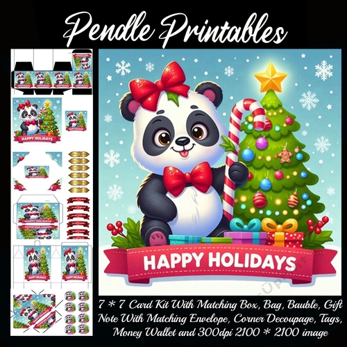 Happy Holidays Cute Christmas Panda (3).  9 Piece 7x7 Complete Kit