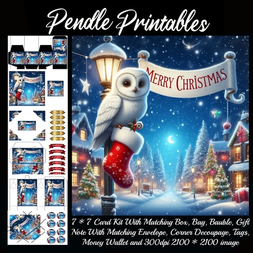 Merry Christmas Olde Time Scene Snowy Owl (3).  9 Piece 7x7 Complete Kit